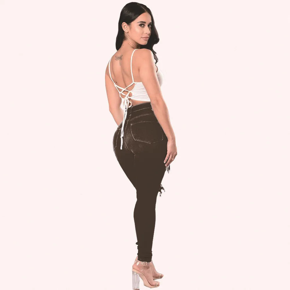HOLE Denim Women 2025 High Waist Ripped Jeans for Women Skinny Black Pockets Jeans Woman Elastic Slim Jean Female Femme Pants