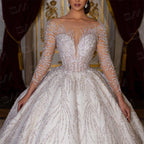 Beaded Sexy Bride Dresses Vestidos De Novia Luxury Hand Beaded Long Sleeve Wedding Dress Ball Gown Long Chapel Train