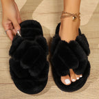 Women's Suede Fur Cross Slippers for Autumn Winter Home Use Thick Soled Non-Slip Slippers Comfortable Warm