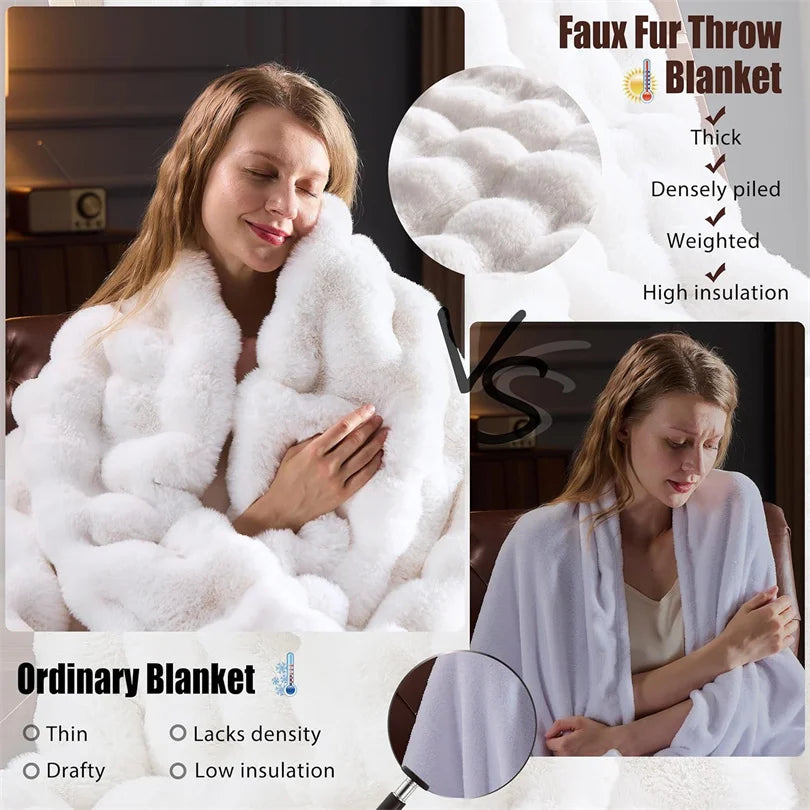 Ultra Soft Luxury Flffy Faux Rabbit Fur Blanket, Thick Winter Warm Throw Blankets, Plush Cozy Bubble Fleece Blankets Home Decor Secondary image