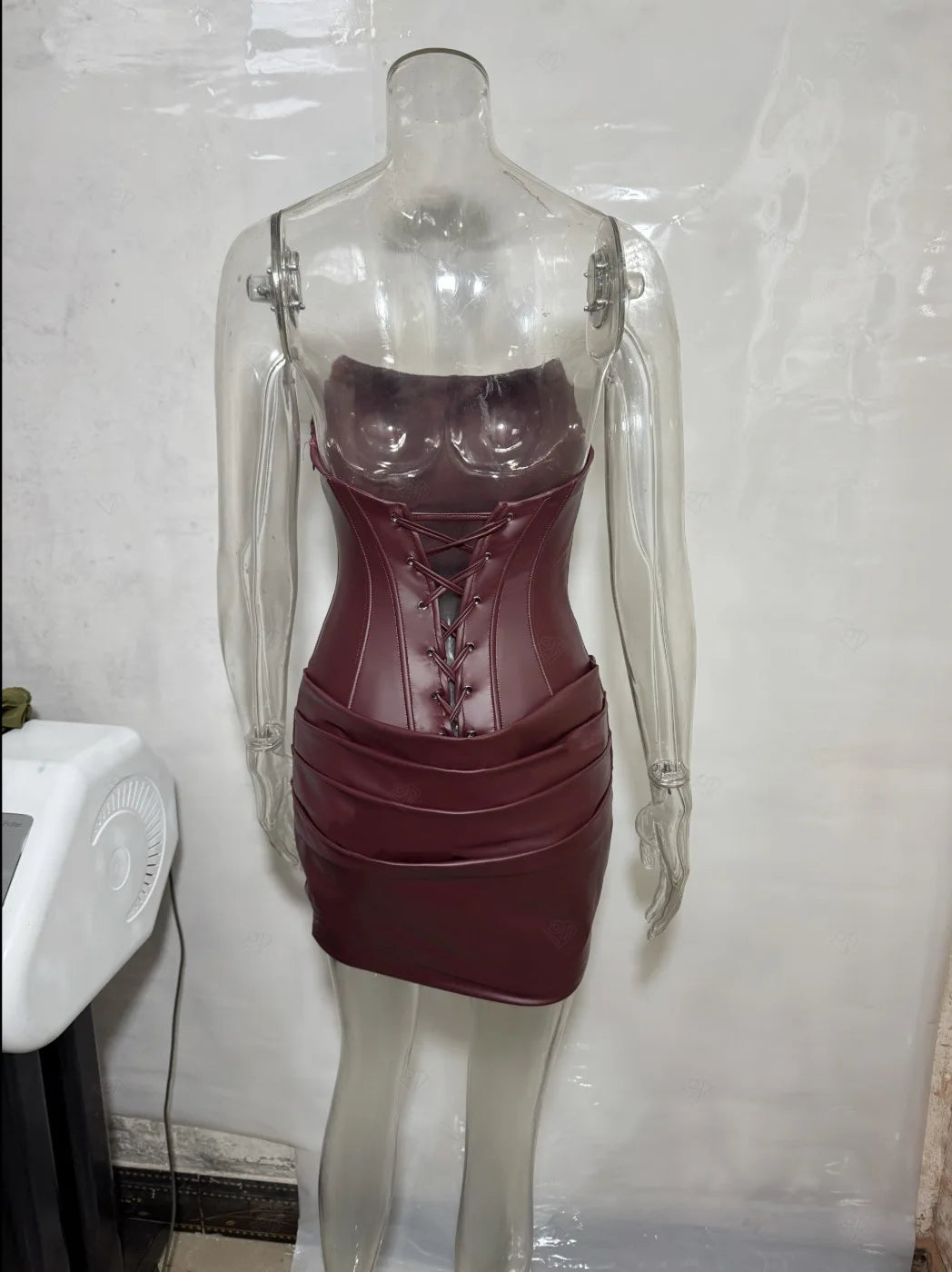 Suninheart Pu Faux Leather Party Dress Women 2025 & 2026 Strapless Bodycon Mini Dress Elegant Lace Up Ruched Dress for Wedding Events