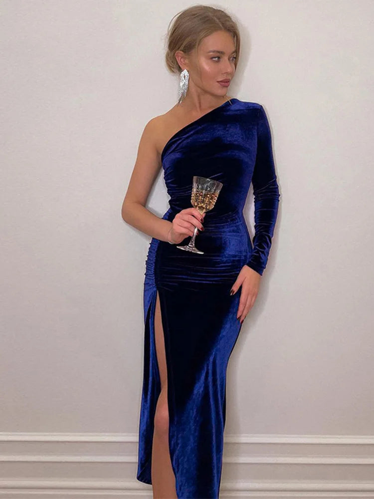 Women Elegant Long Sleeve Party Evening Velvet Bodycon Split Pencil Midi Dress Spring Autumn Clothes Secondary image