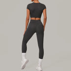 Gym Workout Yoga Fitness Sports Suit Short-sleeved Top Padded-free High-waisted Hip-lifting Trousers Outdoors Leisure Sportswear