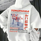Men's autumn and winter casual fashion loose Tokyo pattern printed long sleeved hooded sweatshirt warm pullover