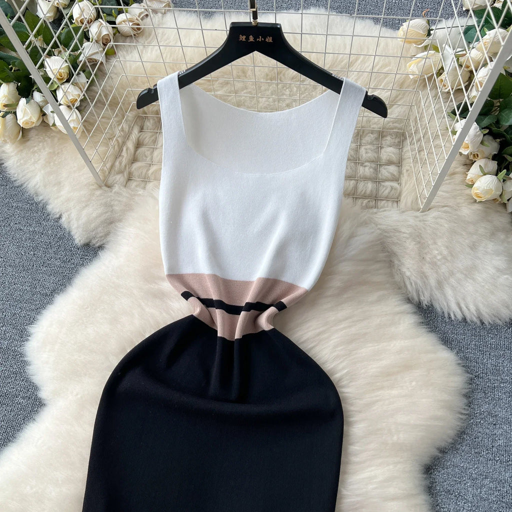 Patchwork Knit Bodycon Dress Women Maxi Dress Elastic Summer Elegant Sleeveless Dress Fashion Dresses