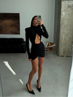 Sexy Hollow-out Pleated Mini Dress Women Fashion Solid Half High Collar Long Sleeve Slim Dresses 2025 Lady Party Club Robes