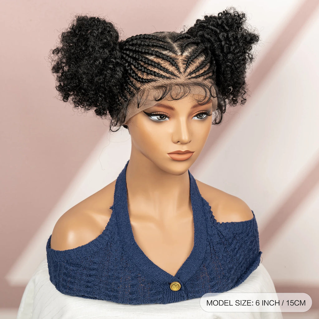 6 Inch Afro Cornrow Braided Wigs with Baby Hair Synthetic Full Lace Braid Wig Double Ponytail Bun Head Knotless Wig