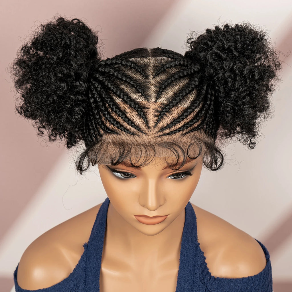 6 Inch Afro Cornrow Braided Wigs with Baby Hair Synthetic Full Lace Braid Wig Double Ponytail Bun Head Knotless Wig