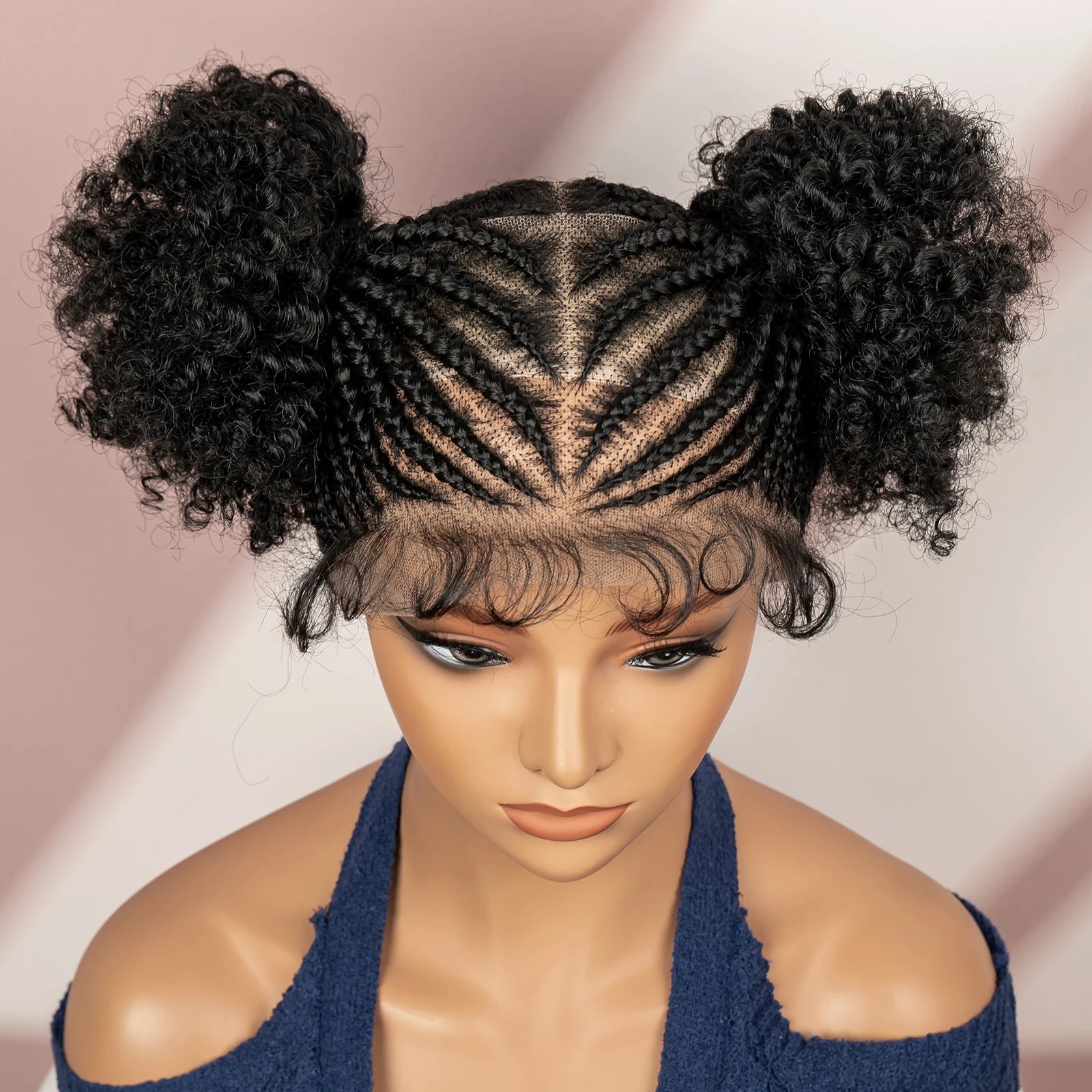 6 Inch Afro Cornrow Braided Wigs with Baby Hair Synthetic Full Lace Braid Wig Double Ponytail Bun Head Knotless Wig