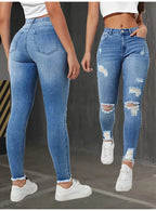Fashion Skinny Hole Jeans Women 2026 Autumn Stretchy High Waisted Ripped Slim Retro Solid Color Denim Trousers Pants