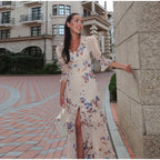 Flutter Sleeves Slim Long Dress Women Casual Pleated Deep V-neck Floral Print High Waist Dresses 2026 Lady Summer Holiday Wear