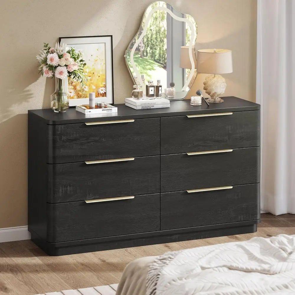 Wide 54 Black Wooden Dresser with Metal Handles, Curved Design for Bedroom, Living Room, or Hallway Storage
