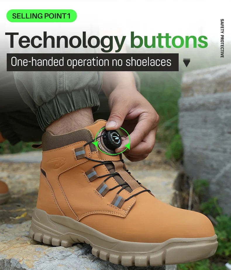 Rotating Button Work Shoes for Men Anti Puncture Work Sneakers Waterproof Work Safety Shoes Non Slip Steel Toe Tactical Boots