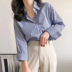 Classic Striped Woman Spring Autumn Blouses Shirt Lady Long Lantern Sleeve Stand Collar Loose Blusas Tops
