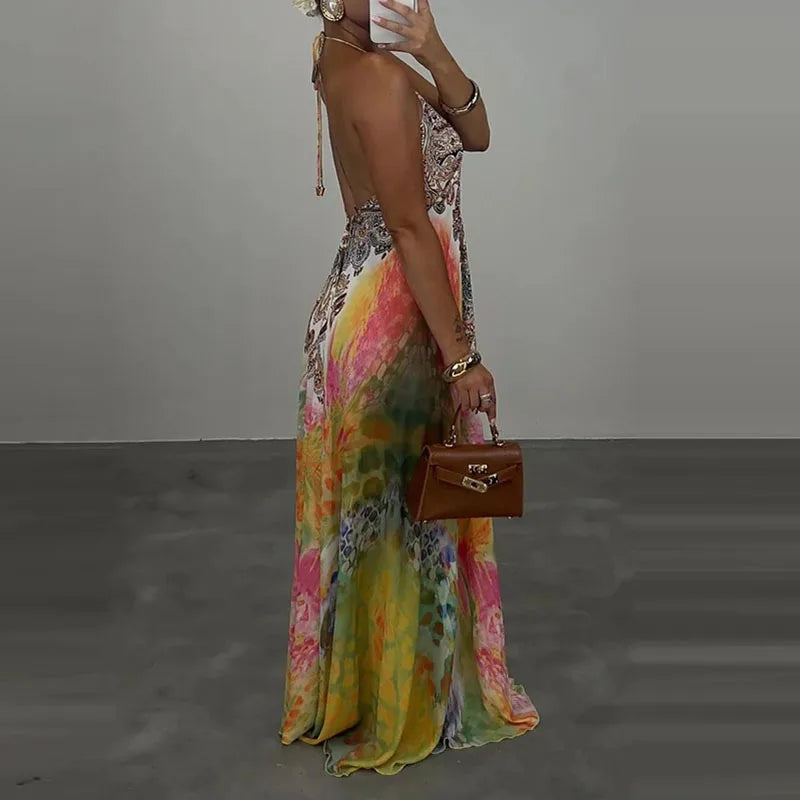 Casual High Waist Evening Party Dress Sexy V-neck Backless Sleeveless Vacation Robes Elegant Bohemian Printed Women Loose Dress Main image