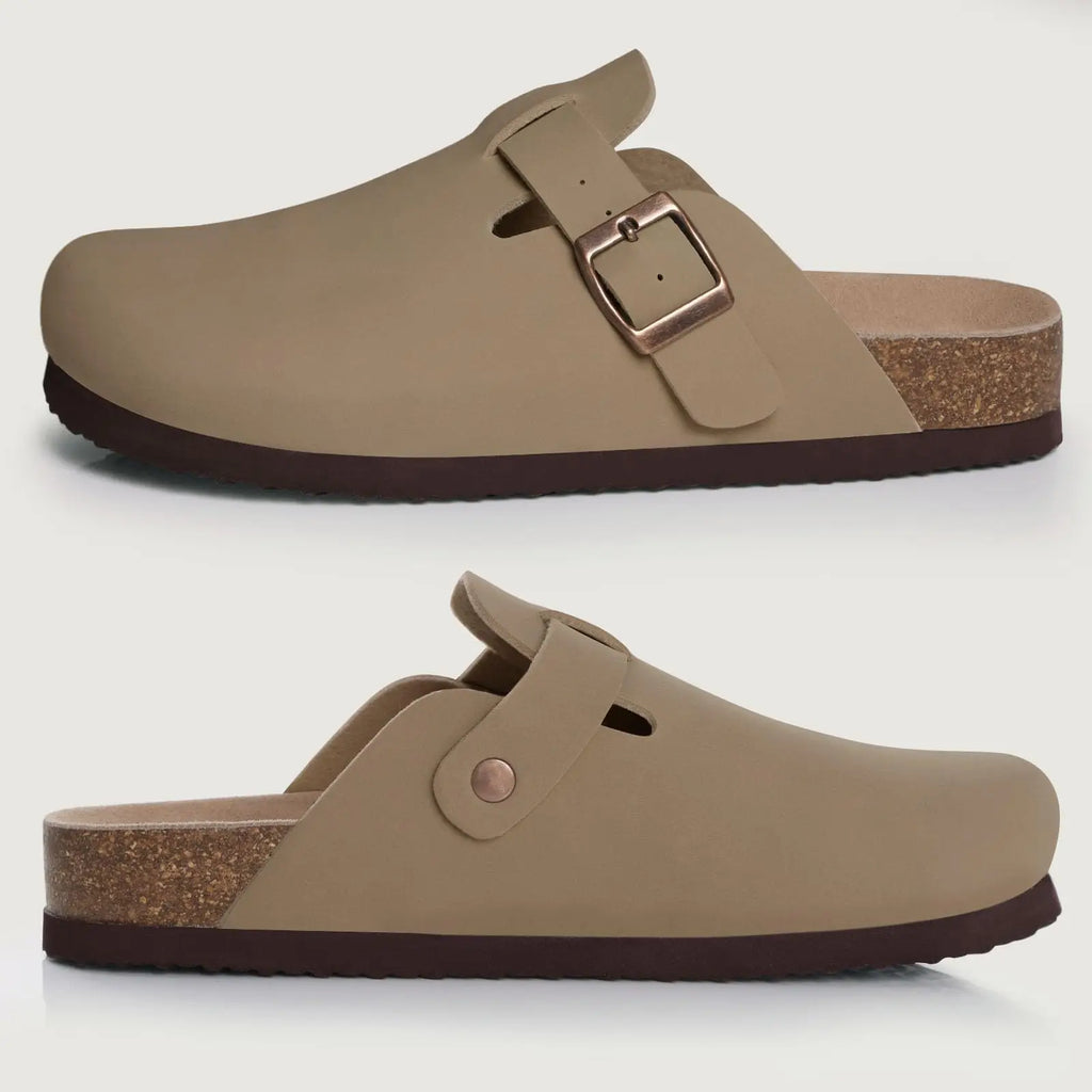 Comwarm Fashion Men Leather Sandals Summer Cork Footbed Slide Sandals Beach Sandals Unisex Brand Sandals with Adjustable Buckle