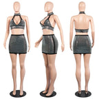 Sparkly Rhinestones Party Club Birthday Outfits for Women Two Piece Set Halter V-neck Crop Top and Mini Skirt Matching Sets