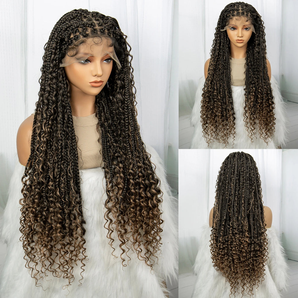 32inch Synthetic Boho Knotless Braided Wigs for Black Women Bohemian Box Braids Wigs Lace Front Braided Lace Wigs with Baby Hair