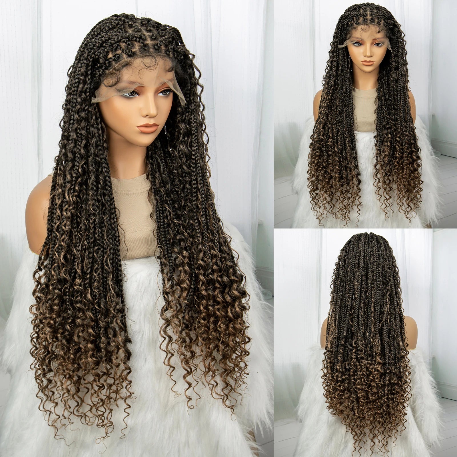 32inch Synthetic Boho Knotless Braided Wigs for Black Women Bohemian Box Braids Wigs Lace Front Braided Lace Wigs with Baby Hair
