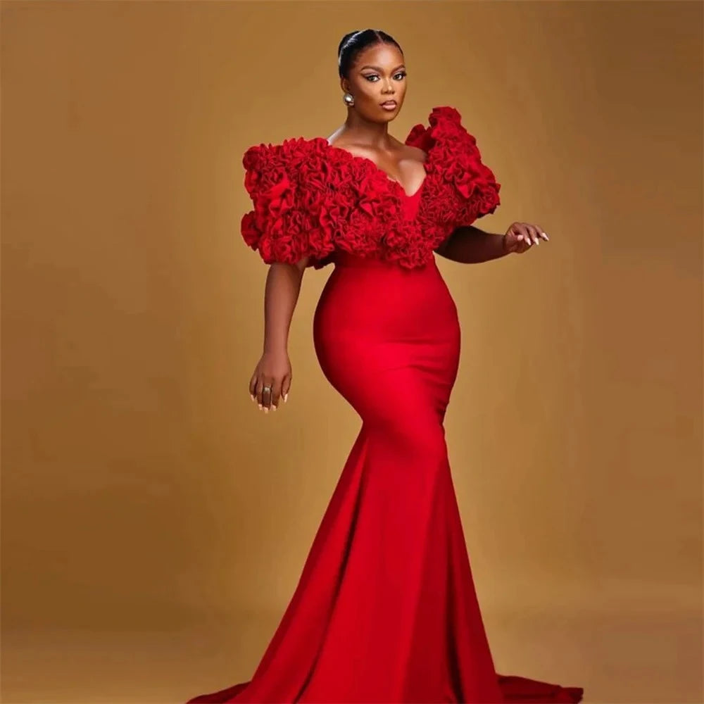 Fashion Red Prom Dress V-Neck Pleat Flower Mermaid Floor Length Sweep Train Formal Party Dresses Evening Gown Customized Main image