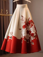 Vintage Red Flower Print Skirt for Women Y2k Slim Waist Mid-length Loose Faldas Mujer 2026 Spring New Skirt for Women