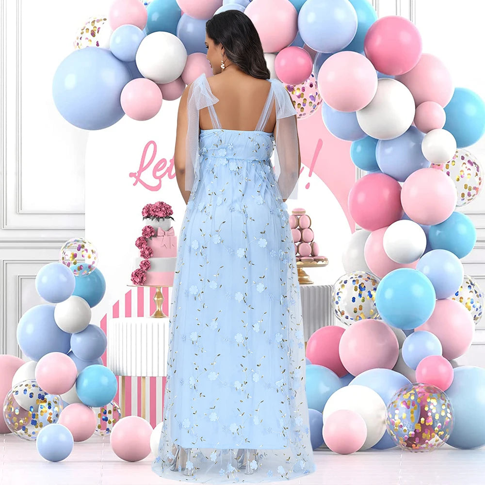 Maternity Photography Tulle Straps Evening Party Gowns Floral Embroidered Mesh Summer Long Dress for Baby Shower Photoshoot Secondary image