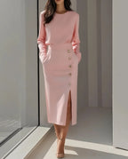 Women's  Solid Color Long Sleeves Elegant Midi Dress with Button Details and Side Slit - Crew Neck