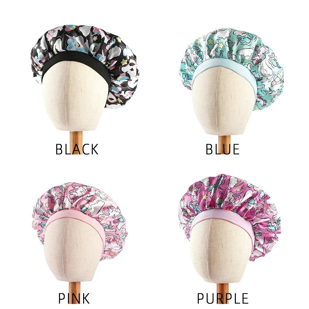 New Baby Unicorn Cartoon Print Satin Night Sleep Cap Elastic Wide Band Bonnet Hair Cover Hat Beanie Salon Bath Spa Shower Caps Secondary image