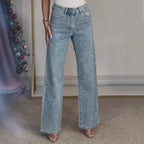 Straight Jeans for Women Diamonds Pants Stretch High Waist Washed Distressed Pockets Vintage Denims Streetwear Female Trousers