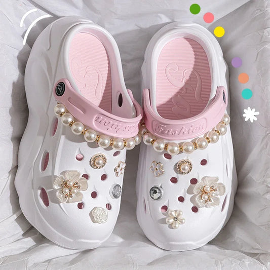 Summer Fashion Pearl Chain DIY Clogs Women 2025 Chunky Platform Slip On Sandals Women Thick Bottom EVA Slippers Shoes Woman Heel