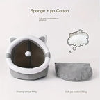 1 Comfortable Cartoon Cat House with Removable Pad, Modern Style Pet Bed Cave, Indoor Plush House Bed with Pompom
