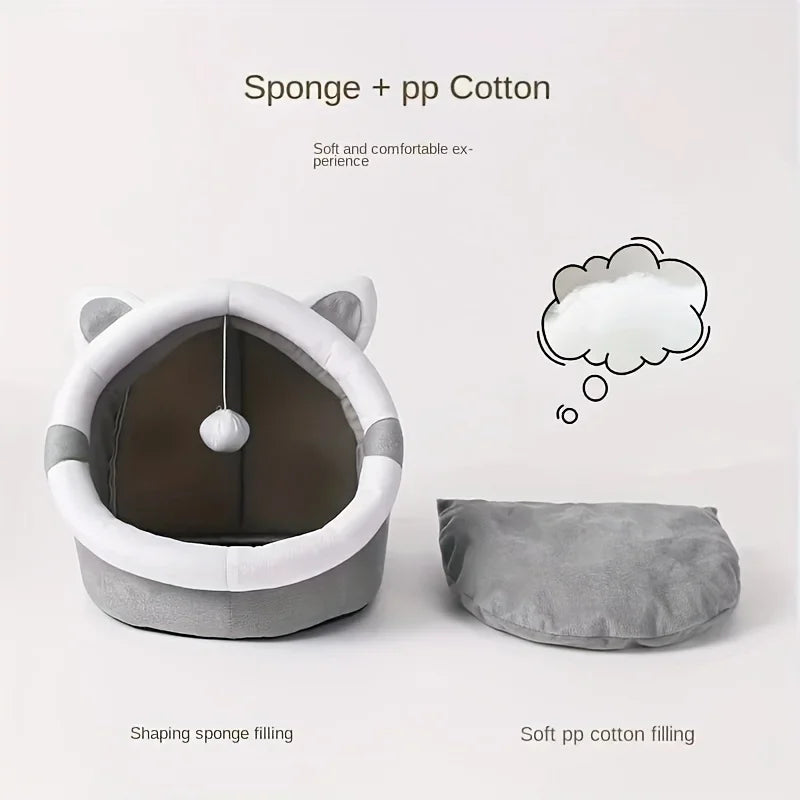 1 Comfortable Cartoon Cat House with Removable Pad, Modern Style Pet Bed Cave, Indoor Plush House Bed with Pompom