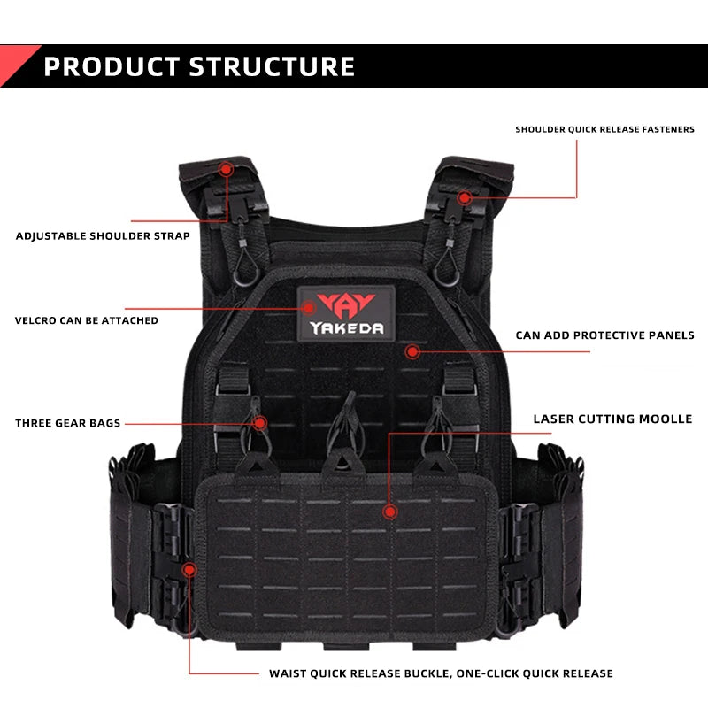 YAKEDA Tactical Vest 6094 Fast Detachable Light Laser Cut Outdoor Hunting Black Gear Carry Vest of High Quality