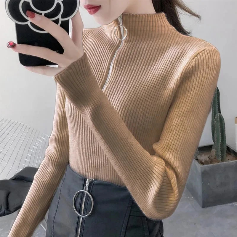 Knitted Women Zipper Half High Neck Sweater Pullovers Autumn Winter Basic Women Sweaters Slim Solid Knitwear Pull Femme Tops Secondary image