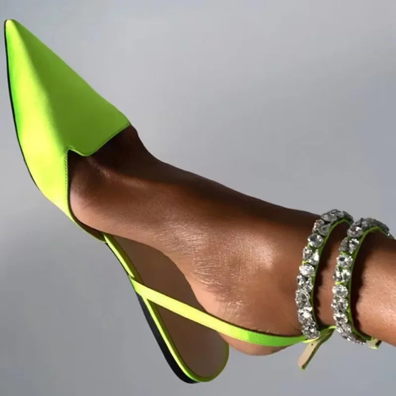 Women's Baotou Pointed Toe Rhinestone Sandals Women's Foreign Trade Flat Plus Size Silk and Satin Back Empty Shoes