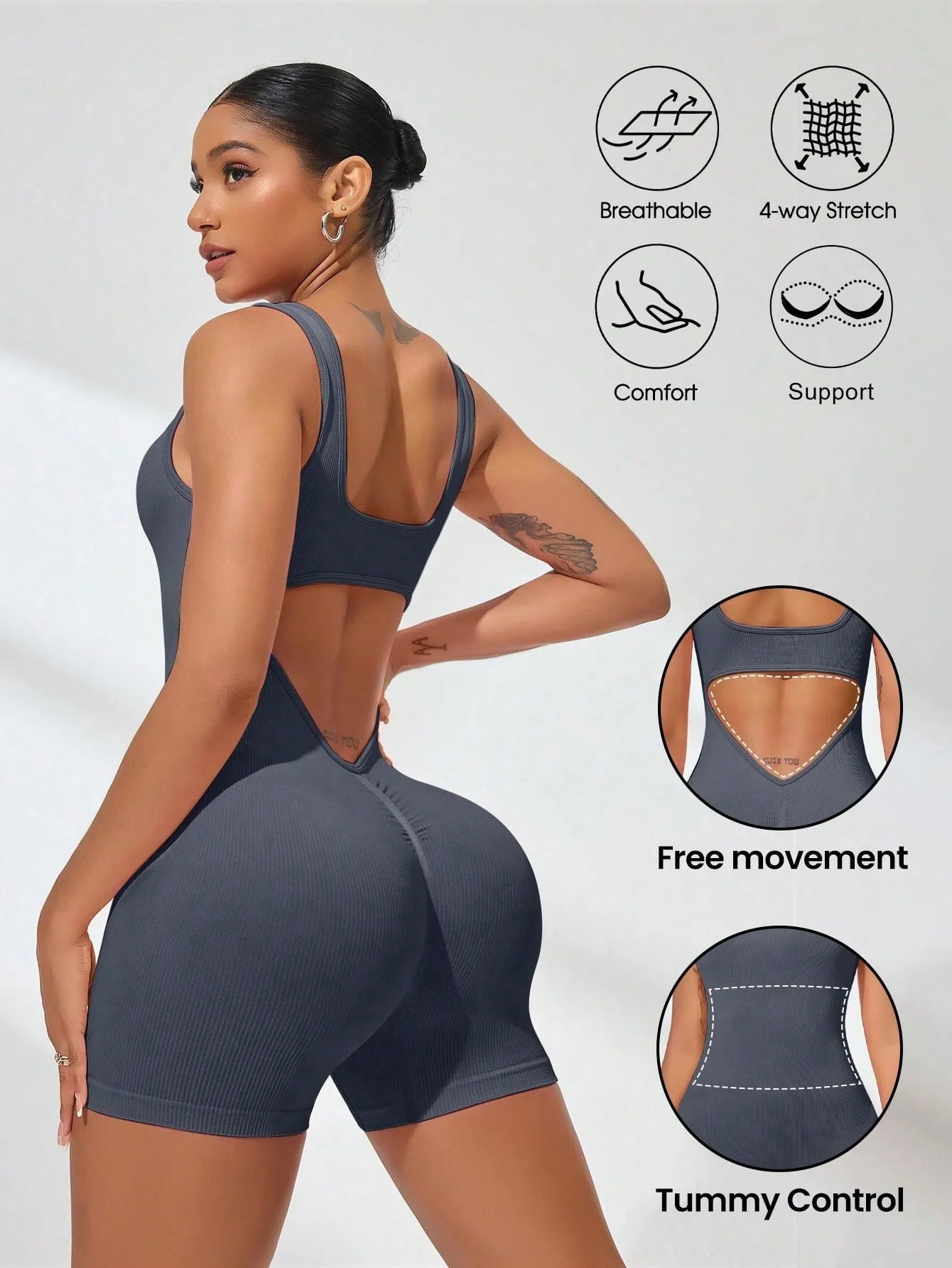 Sexy Backless Women Yoga Rompers U Neck Sleeveless Threaded Jumpsuit Solid Color Elastic Bodysuit Without Bust Pads Streetwear