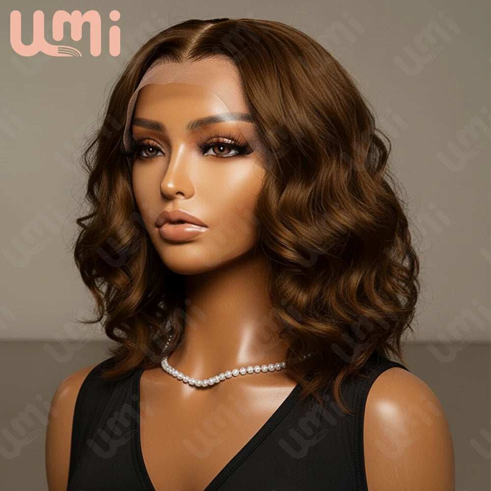 Umi 13x4 HD loose short Bob Wig Transparent Lace Frontal wig 220% Density body wave 100% Human Hair 8-16 Inch chocolate brown #4 Main image