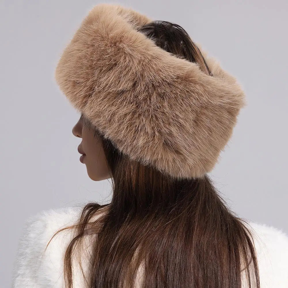 Winter Lmitation Fur Thickened Fluffy Headband Plush Solid Color Headwear Outdoor Windproof Ear Warmer Head Cover Ski Cap