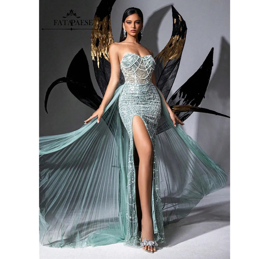 FATAPAESE Glamour Sequin Pearls Luxury Evening Dresses Sexy Tulle Train Party Dress for Wedding Charity Prom Award Ceremony Secondary image