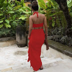 Women's Elegant Two Pieces Dresses Suits Flower Corset Top and High Slit Long Skirts Matching Sets Red Pink Vacation Outfit & 2026