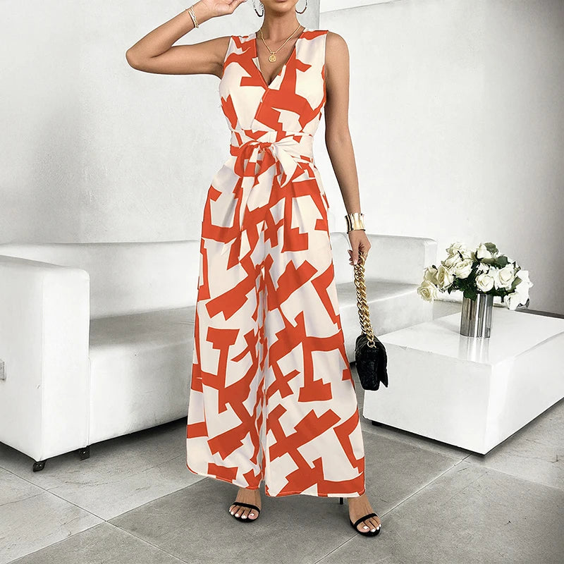 Summer Fashion Vacation Style Jumpsuits for Women Casual V Neck Sleeveless Color Blocking Lace Up High Waist Wide Leg Jumpsuit