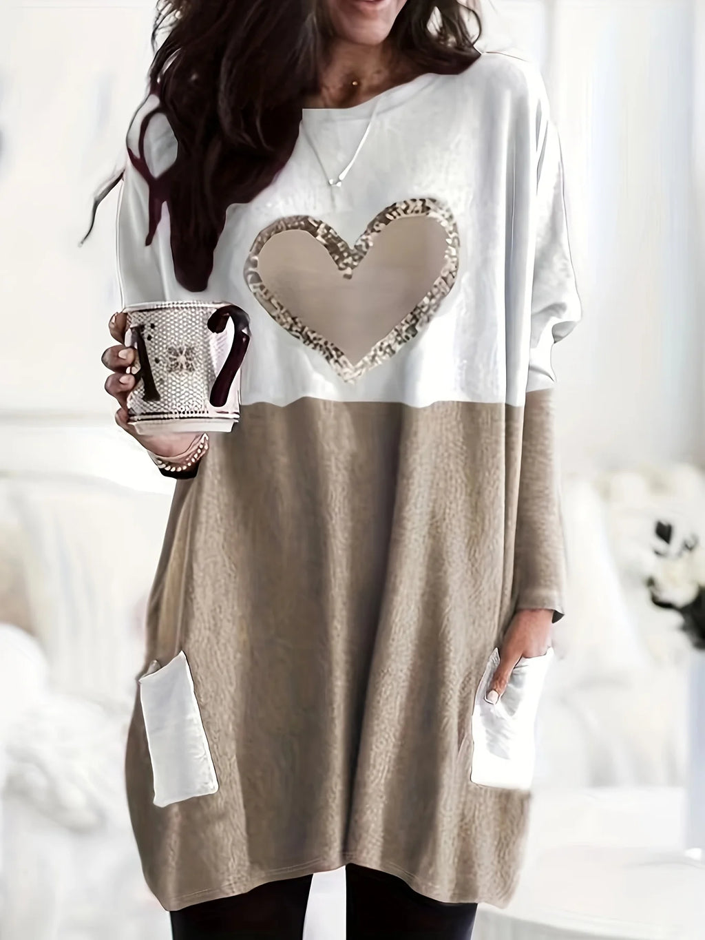 2026 Plus Size Europe And The United States Autumn Love Printed Round Neck Loose Color Contrast Long Sleeve T-Shirt Women