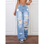Womens Pants Womens Jeans Trendy Light Blue Distressed Baggy Relaxed Fit Wide Leg Denim