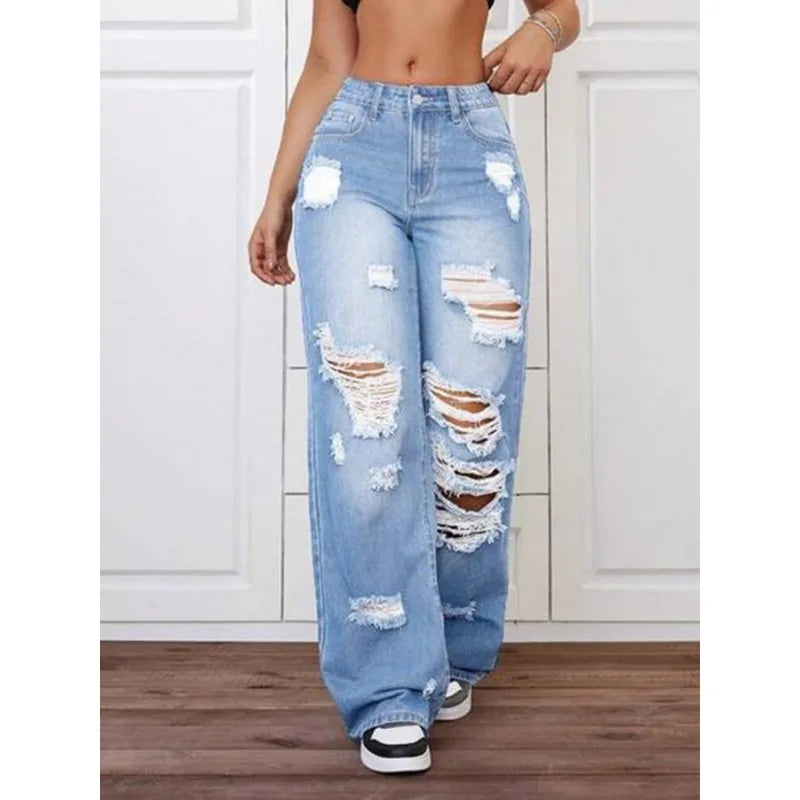 Womens Pants Womens Jeans Trendy Light Blue Distressed Baggy Relaxed Fit Wide Leg Denim Secondary image