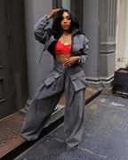 Denim Two Piece Sets Women Coat Jacket Wide Leg Pants Jeans Suits Matching Sets Trousers Outfits 2025/2026 Y2k Streetwear Party