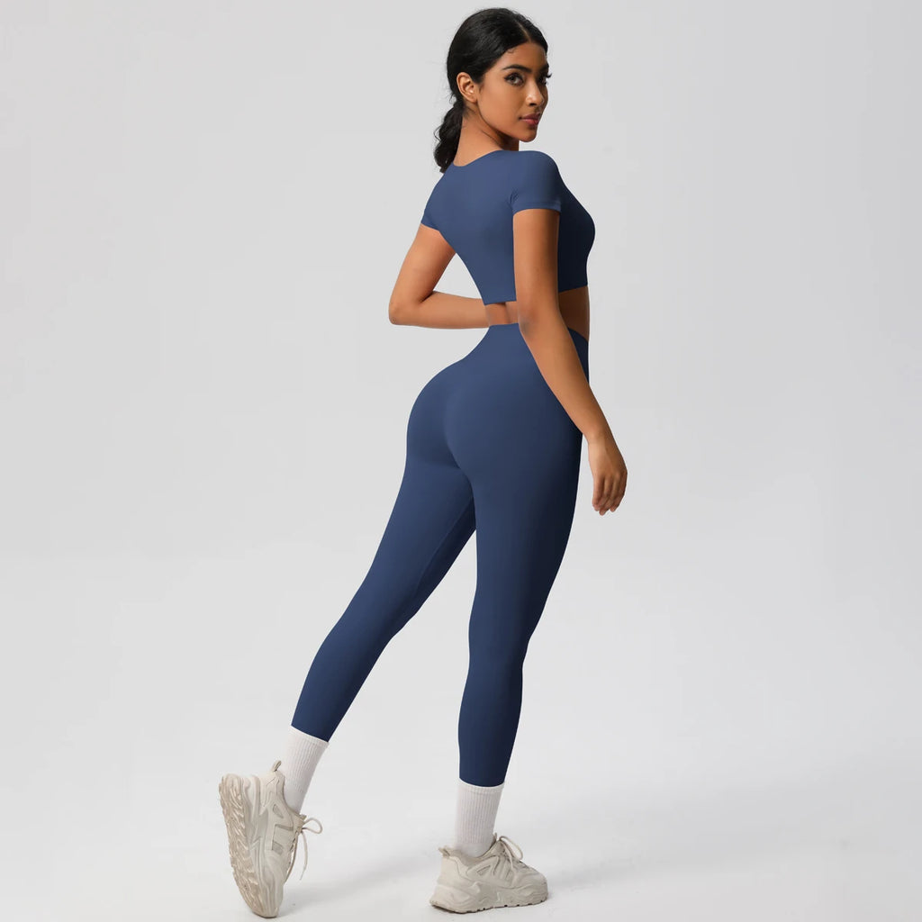 2PCS Woman Gym Sports Yoga Set Knitted Slim Workout Top Short Sleeve Quick Drying Legging Fitness Pants Running Sports Yoga Suit