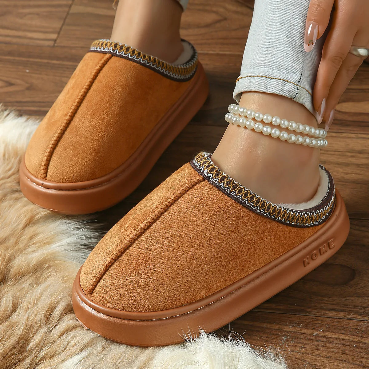 Pantoufles D'hiver Chaudes Pour Femmes, Intérieur En Peluche, Semelle Épaisse Antidérapante, Chaussures De Maison Chaudes Brodée