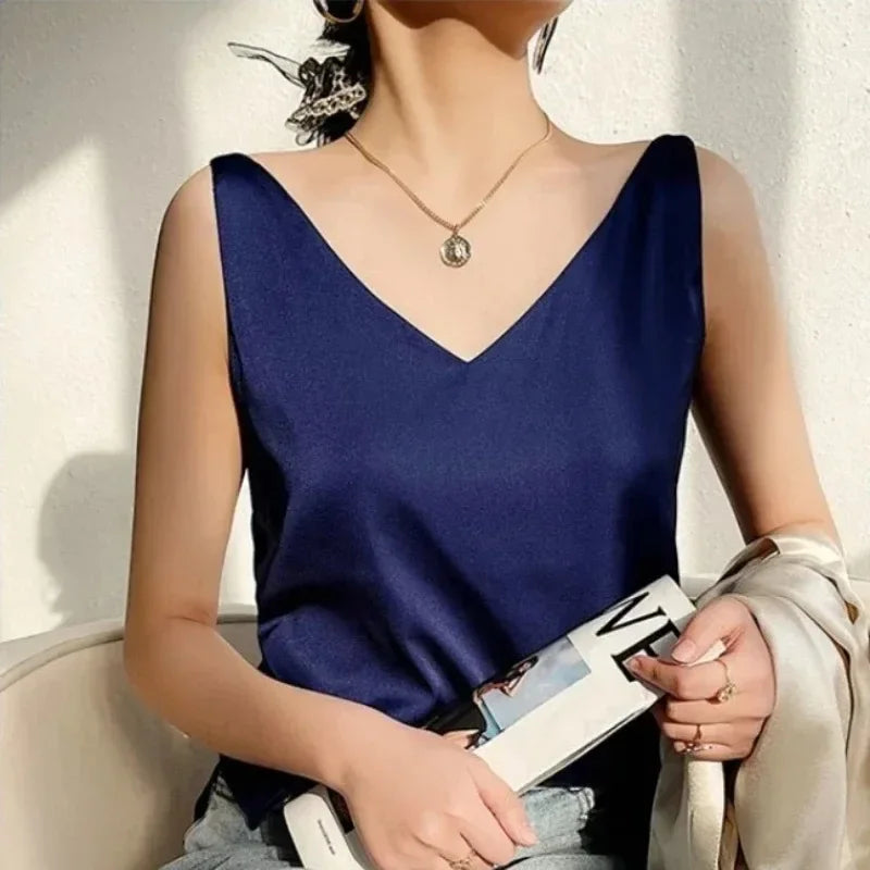 Woman T-shirts Elegant SILK Satin Blouse Sleeveless Female Summer 2026 Casual Loose Tanks and Camis Solid Green Tops for Women