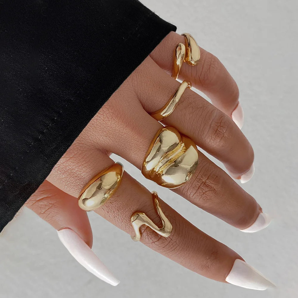 15Pcs/Set Exaggerated Metal Irregular Lines Water Droplet Smooth Rings for Women Men Punk Retro Boho Fashion Jewelry Gift