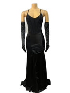 Women Sexy V-neck Lace Up Halter Backless Bodycon Birthday Dress Diamonds Corset Floor-length Evening Party Dresses with Gloves